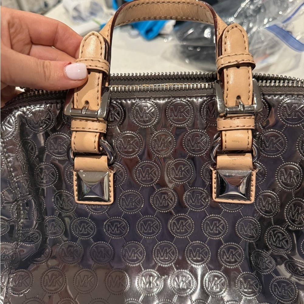 Michael Kors Shiny Silver and Tan Satchel - Picture 2 of 14
